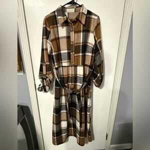 SHEIN Brown Plaid Long Sleeve Dress